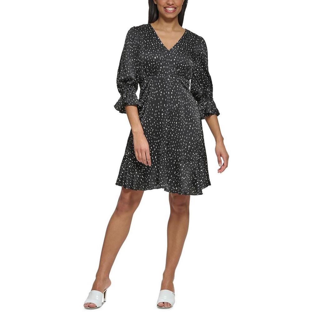 DKNY Empire Waist V Neck 3/4 Sleeve Mini Dress in Black and White - Size 4